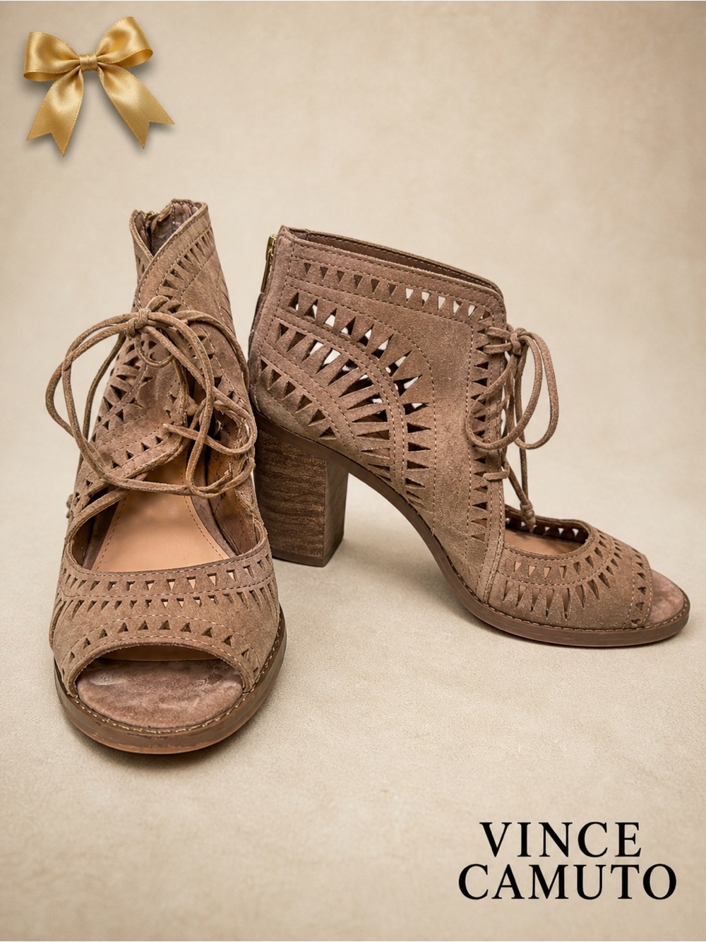 Vince Camuto Cutout Lace Up Peep Toe Booties Suede Taupe Size 6.5